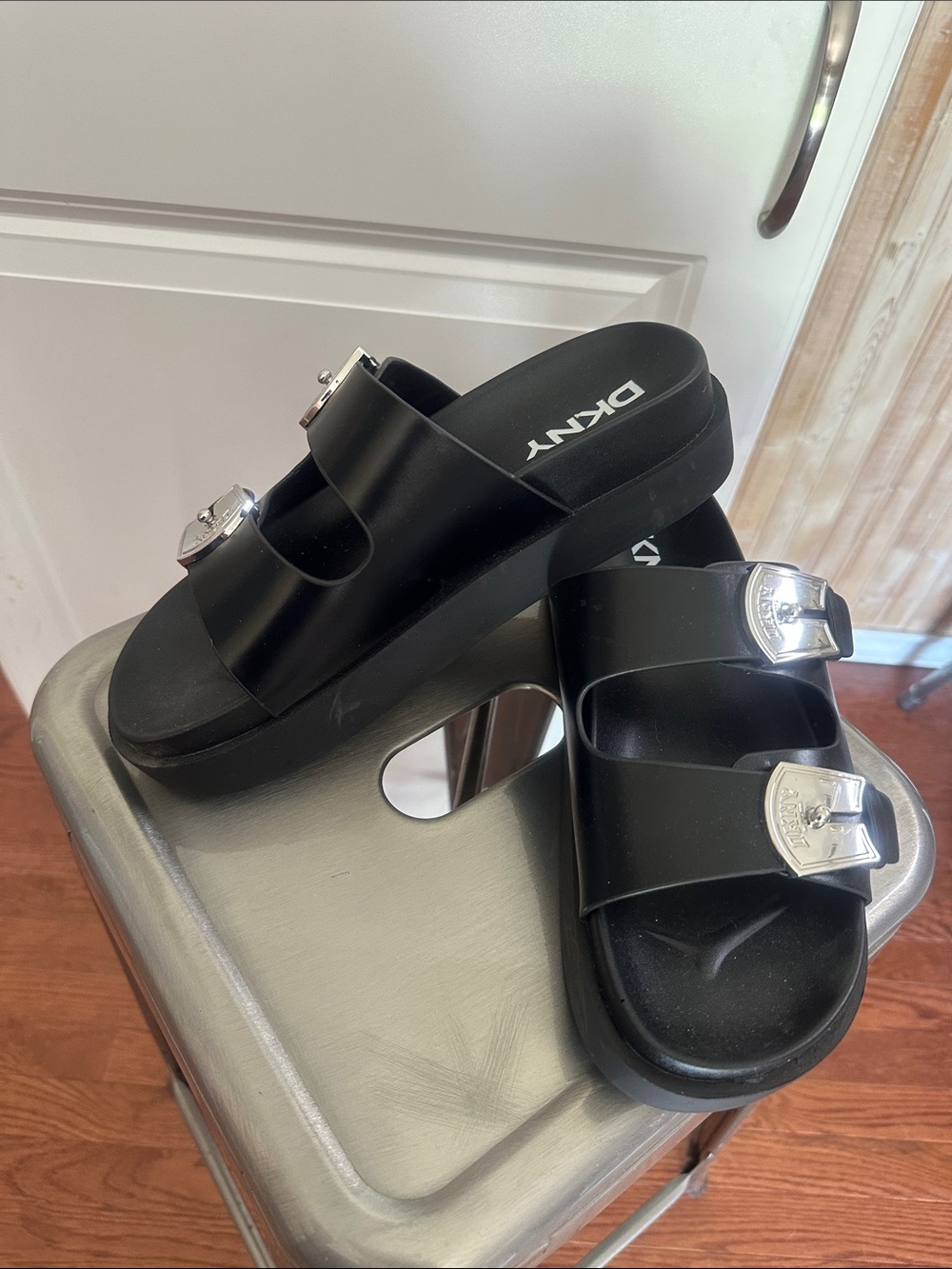 DKNY Black Platform Slide Sandals with Silver Buckles